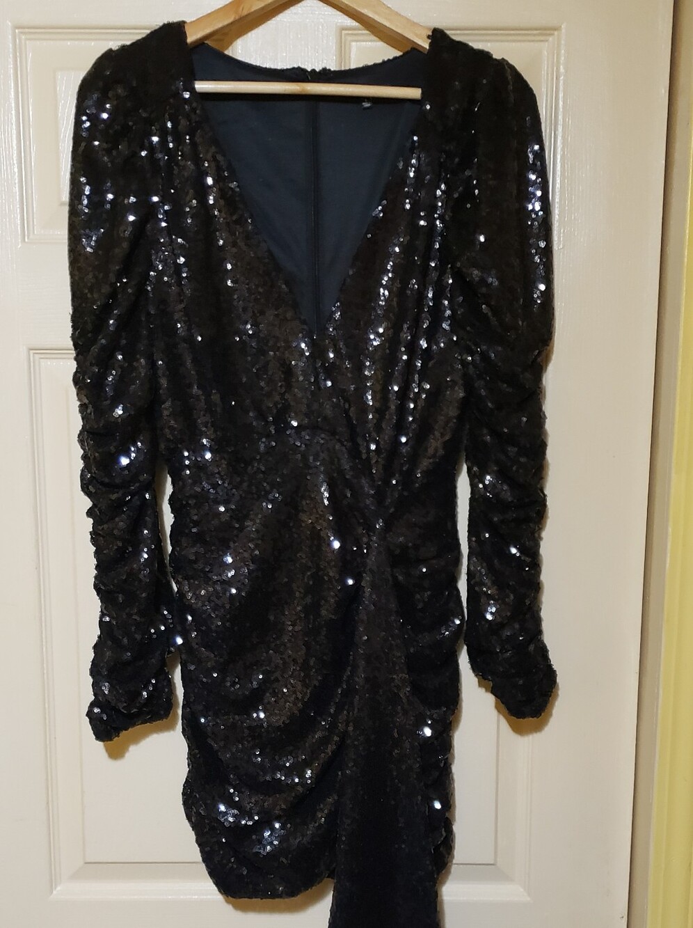 Fashion Nova Black Sequin V-Neck Mini Dress With Attached Sash.